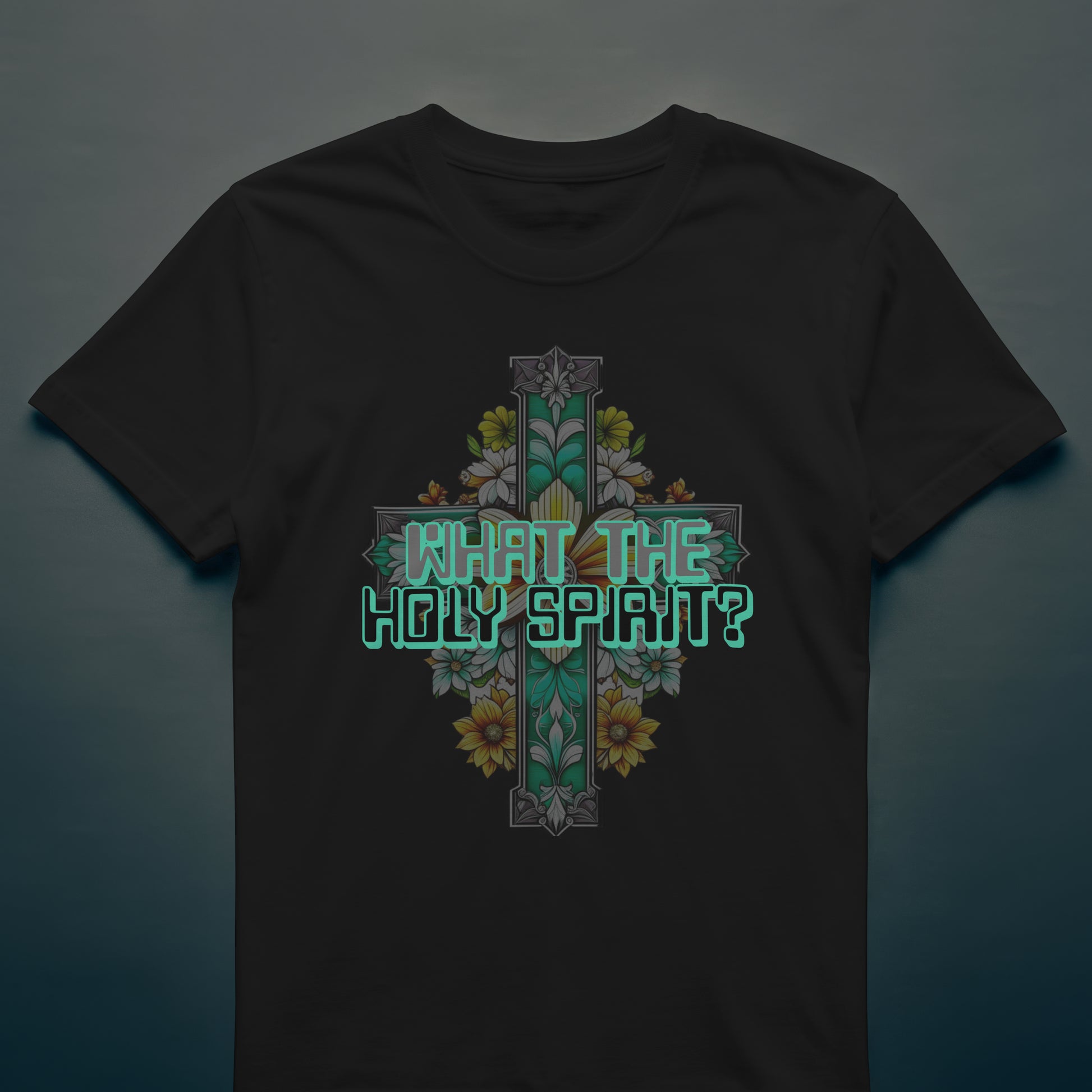 Black t-shirt with a decorative cross and floral design on a gradient background