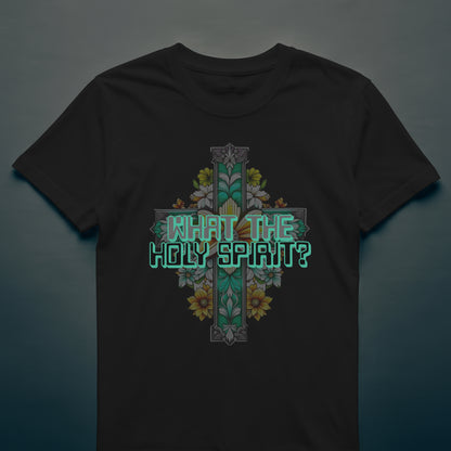 Black t-shirt with a decorative cross and floral design on a gradient background