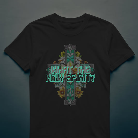 Black t-shirt with a decorative cross and floral design on a gradient background